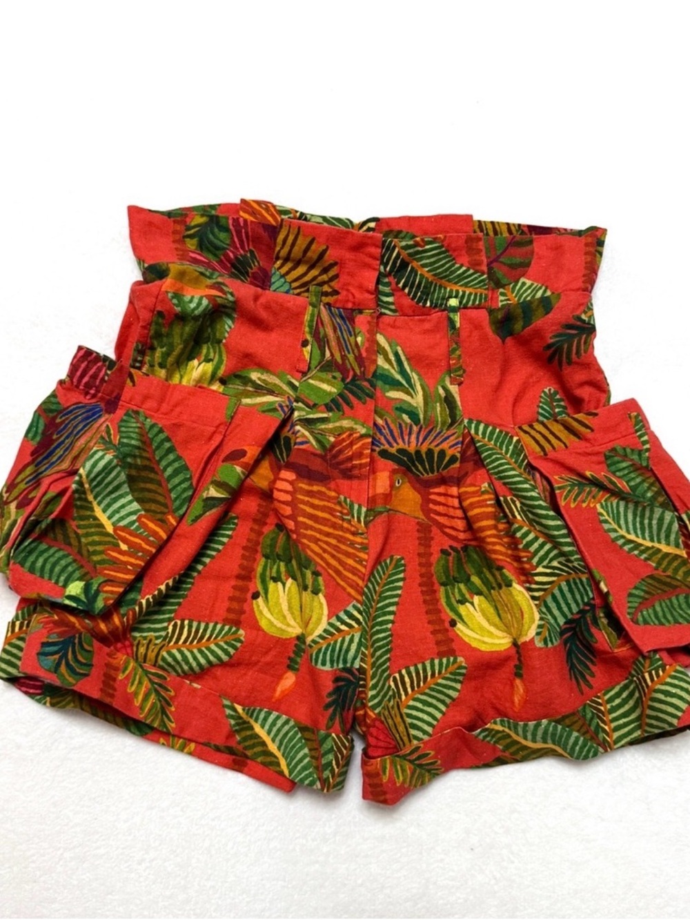NWOT FARM Rio High-Waist Tropical Leaf Print Shorts - Red & Green Sz S